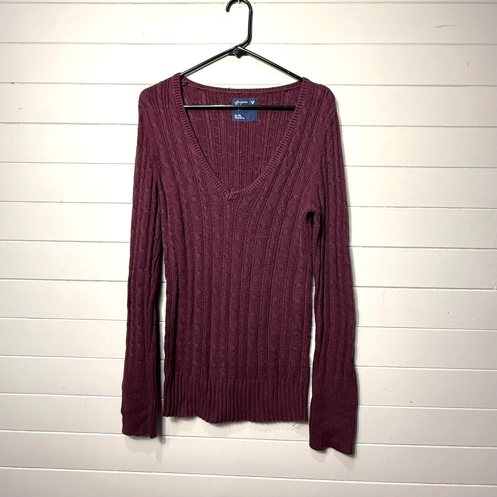 American Eagle Cable Knit V-Neck Sweater XL Maroon Burgundy Cotton Wool Blend